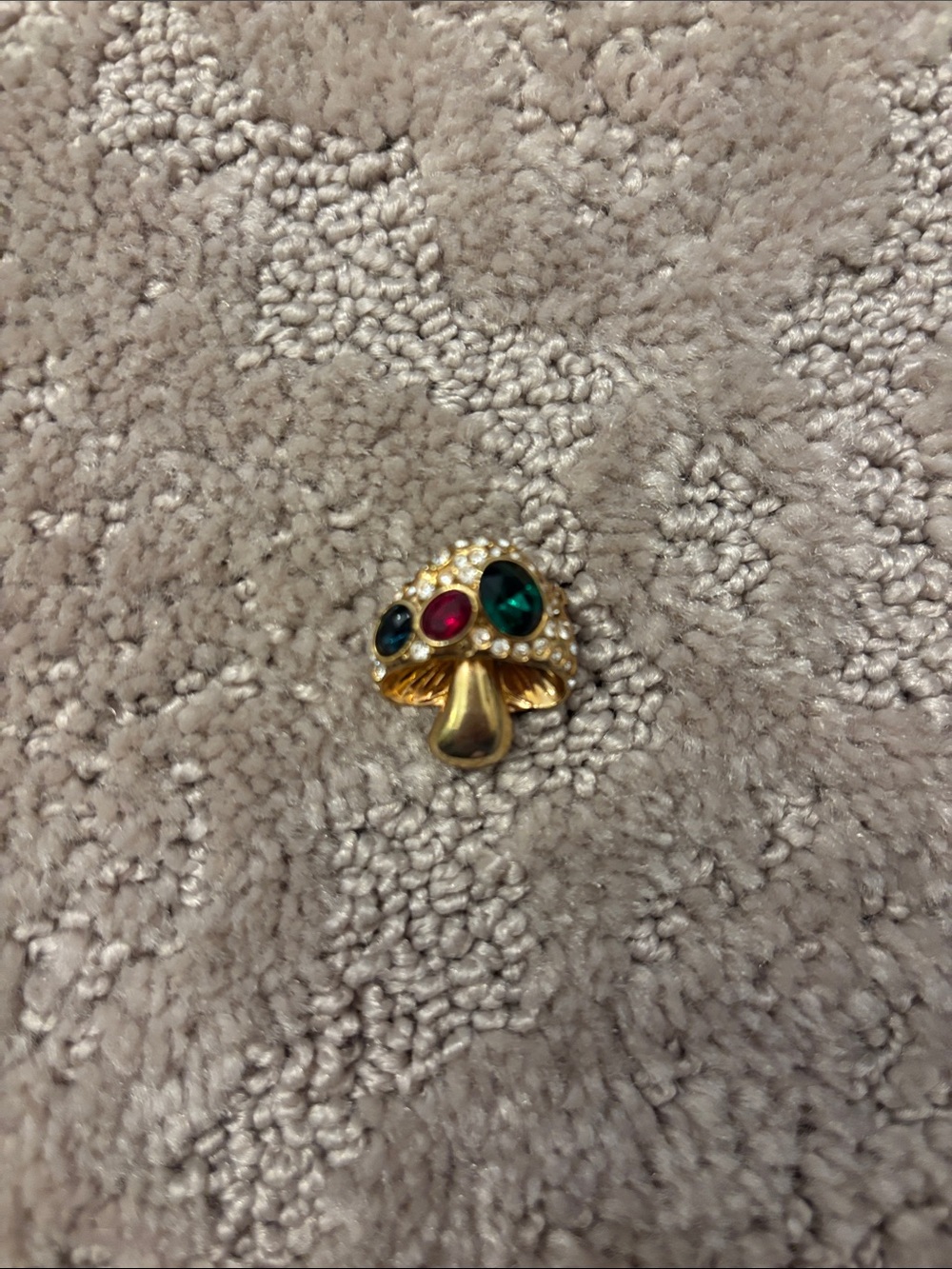 Gold Mushroom Brooch with Green and Red Stones